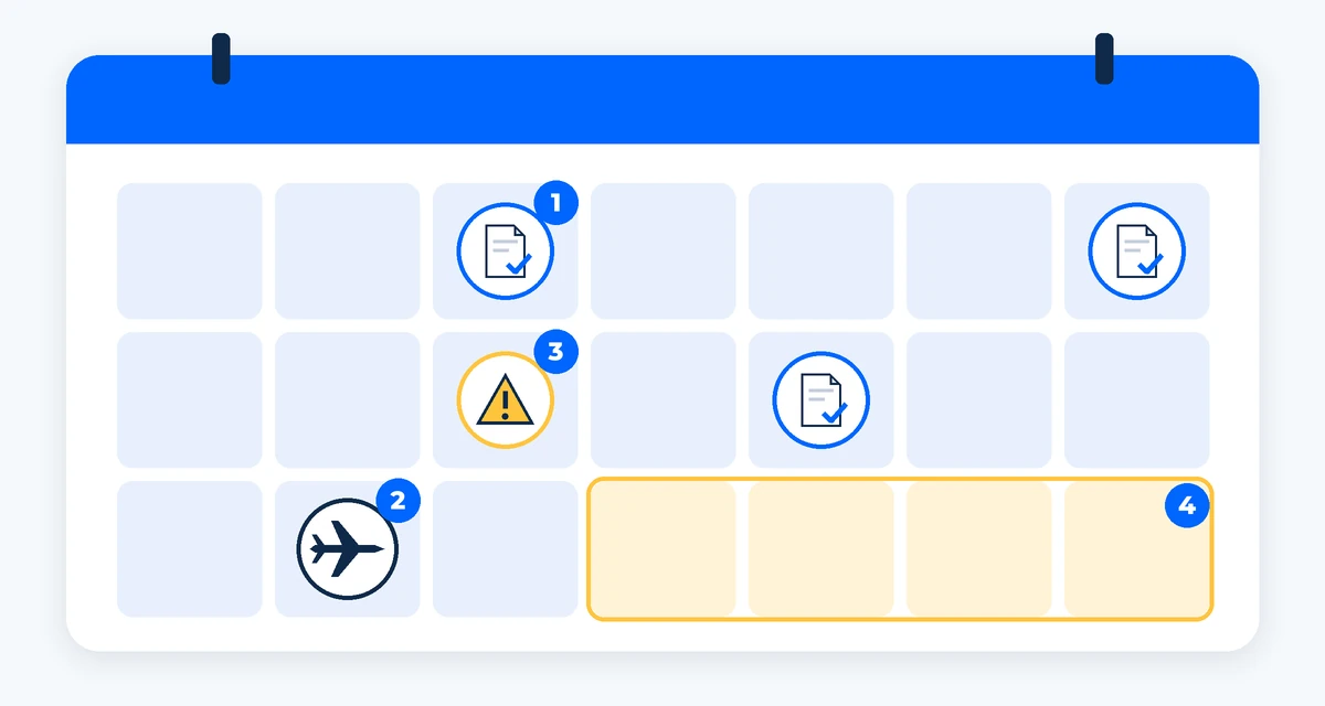 A calendar with three question icons and extra buffer days added at the end. AI-generated image.