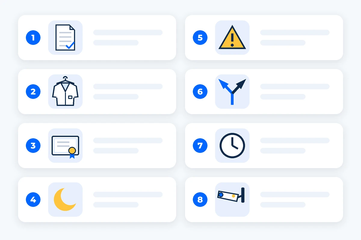 Eight numbered question cards in two columns with simple icons. AI-generated image.