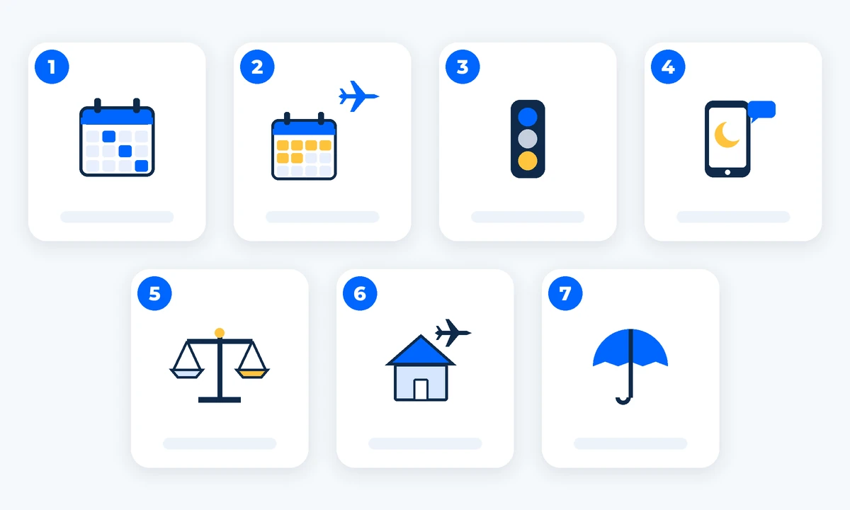 A seven-item checklist with a calendar, a phone and a plane icon. AI-generated image.