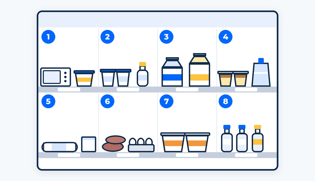 ชั้นวางในร้านมี 8 ช่องพร้อมหมายเลข เป็นอาหารอ่อนและเครื่องดื่ม ไม่มียี่ห้อ ภาพสร้างด้วย AI